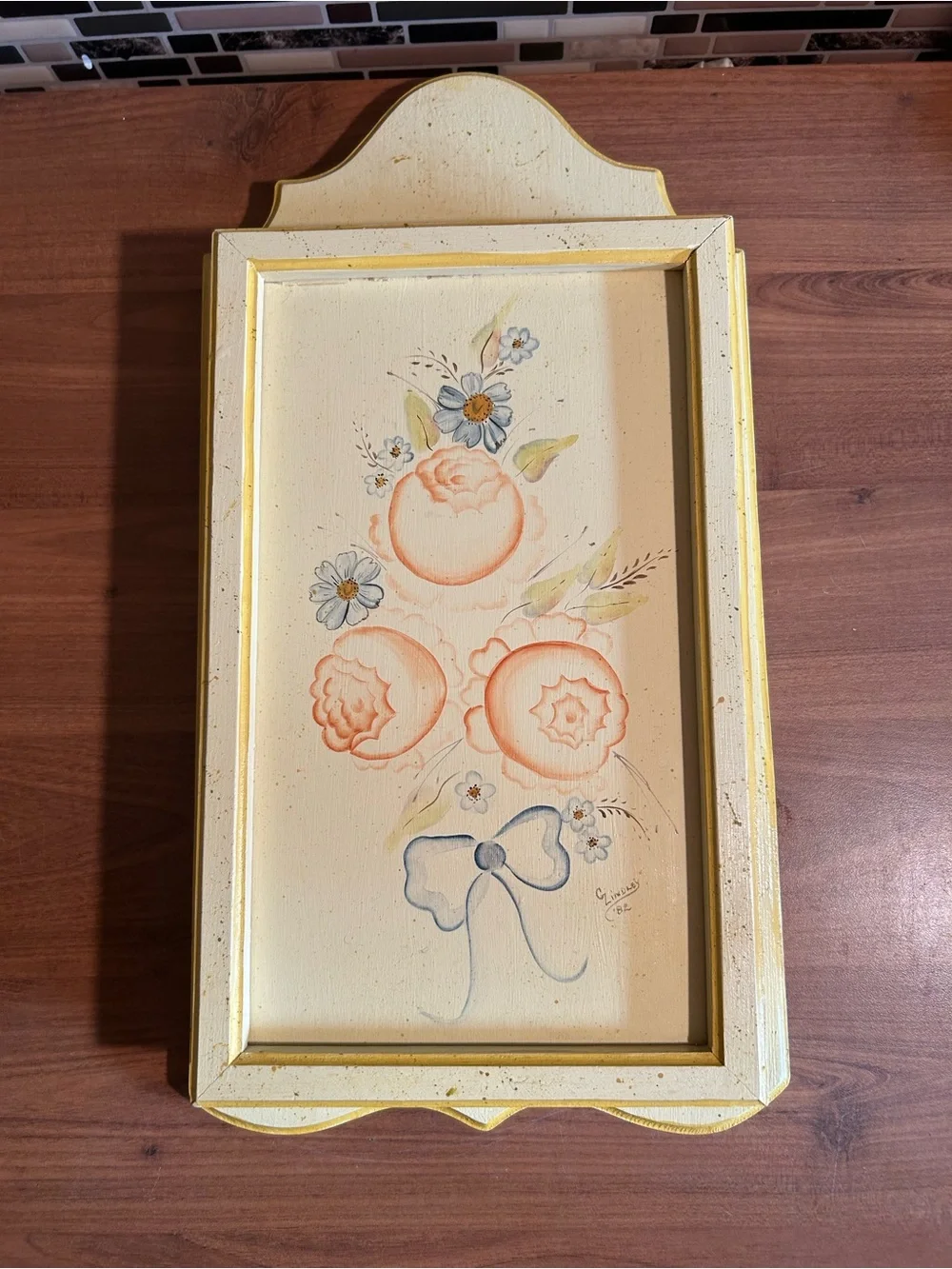 Hand-Painted Floral Wall Jewelry Hanger Cabinet in Soft Yellow and Peach Pink